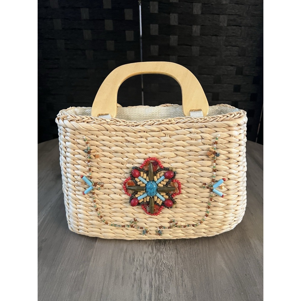 VTG! White Stag Beaded‎ Boho Straw Beach Purse Bag Wood Handle Retro Very Good!
